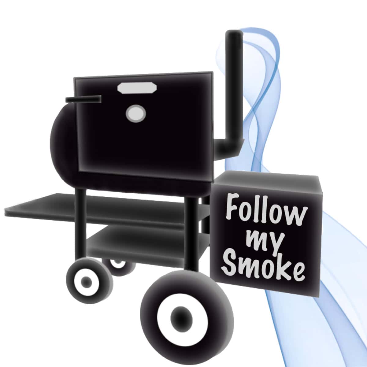 The Follow My Smoke Logo, which is a stylized image of a Shirley smoker with blue smoke billowing behind and "Follow my Smoke" on the firebox.